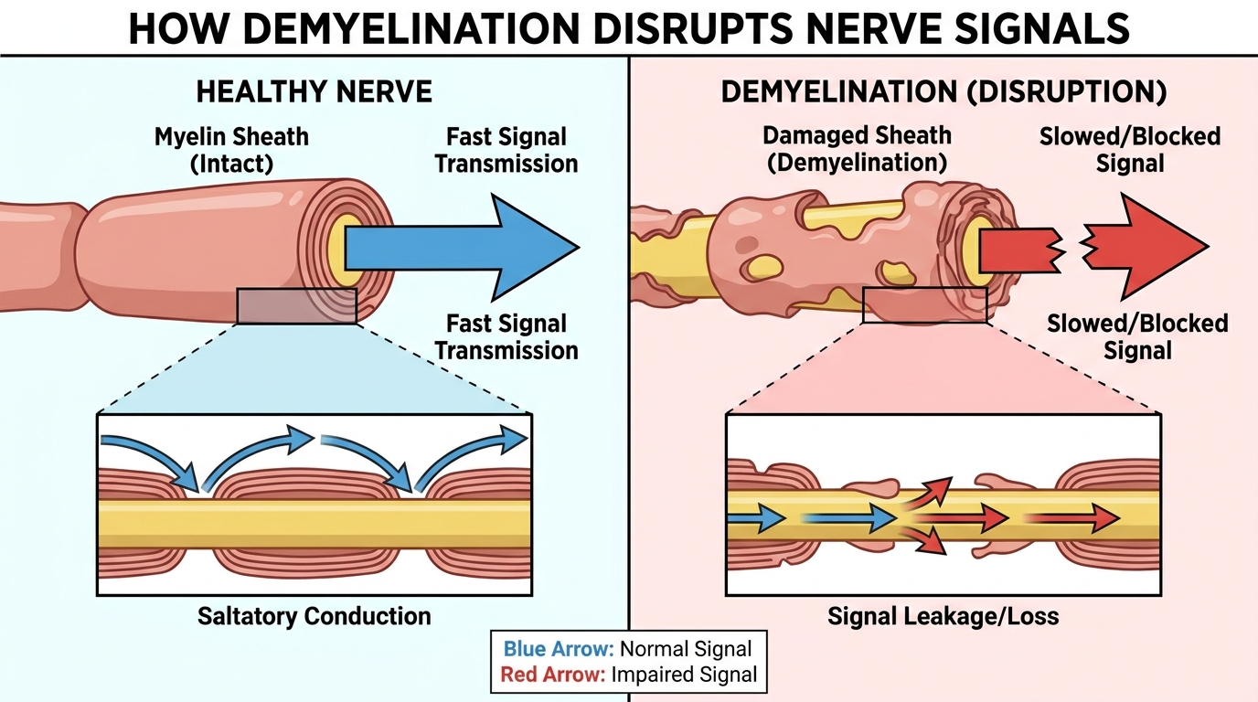 ** Diagram illustrating how demyelination in multiple sclerosis strips the myelin sheath from nerve fibers