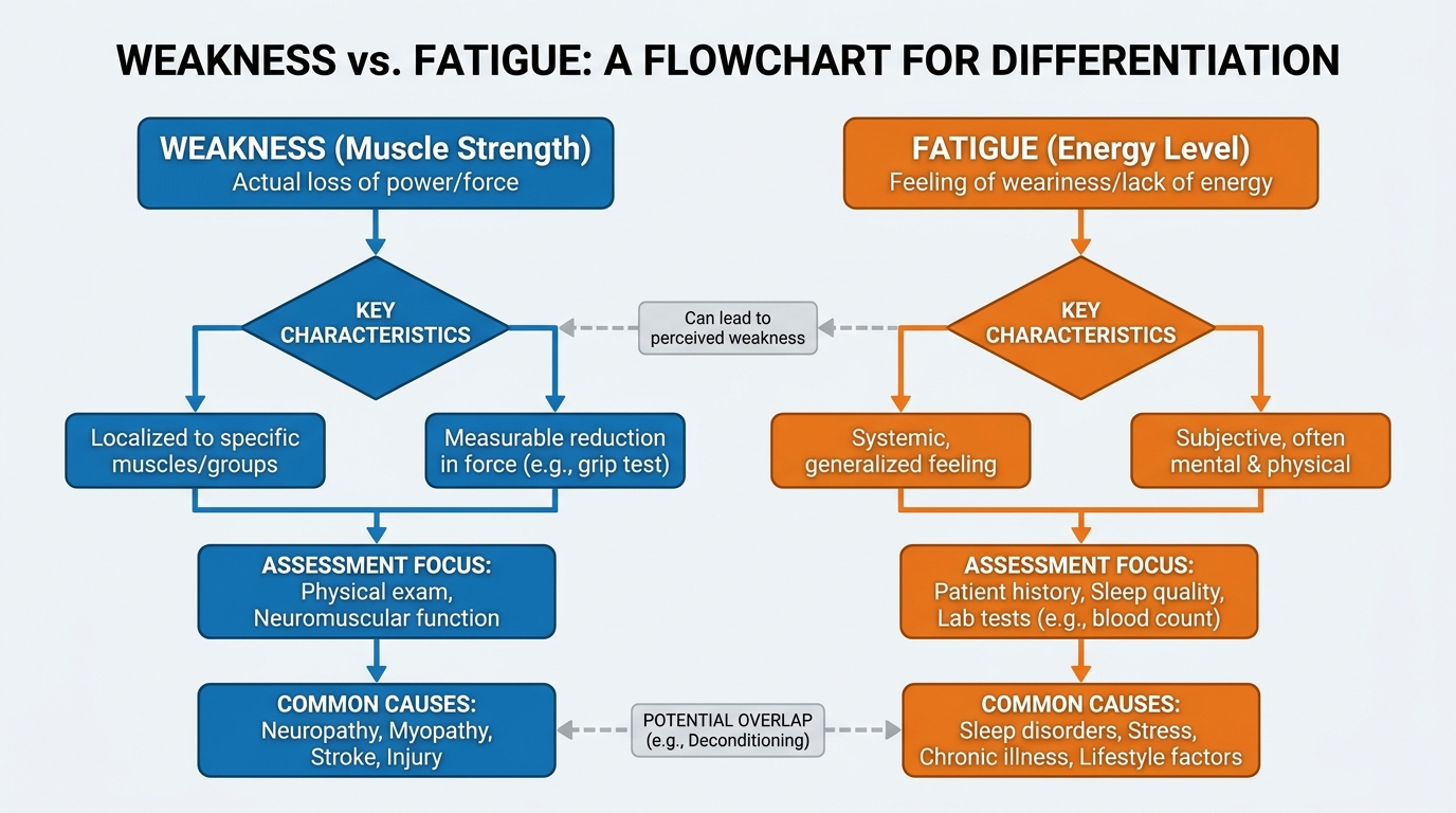 ** Flowchart differentiating neurologic symptoms of weakness versus fatigue