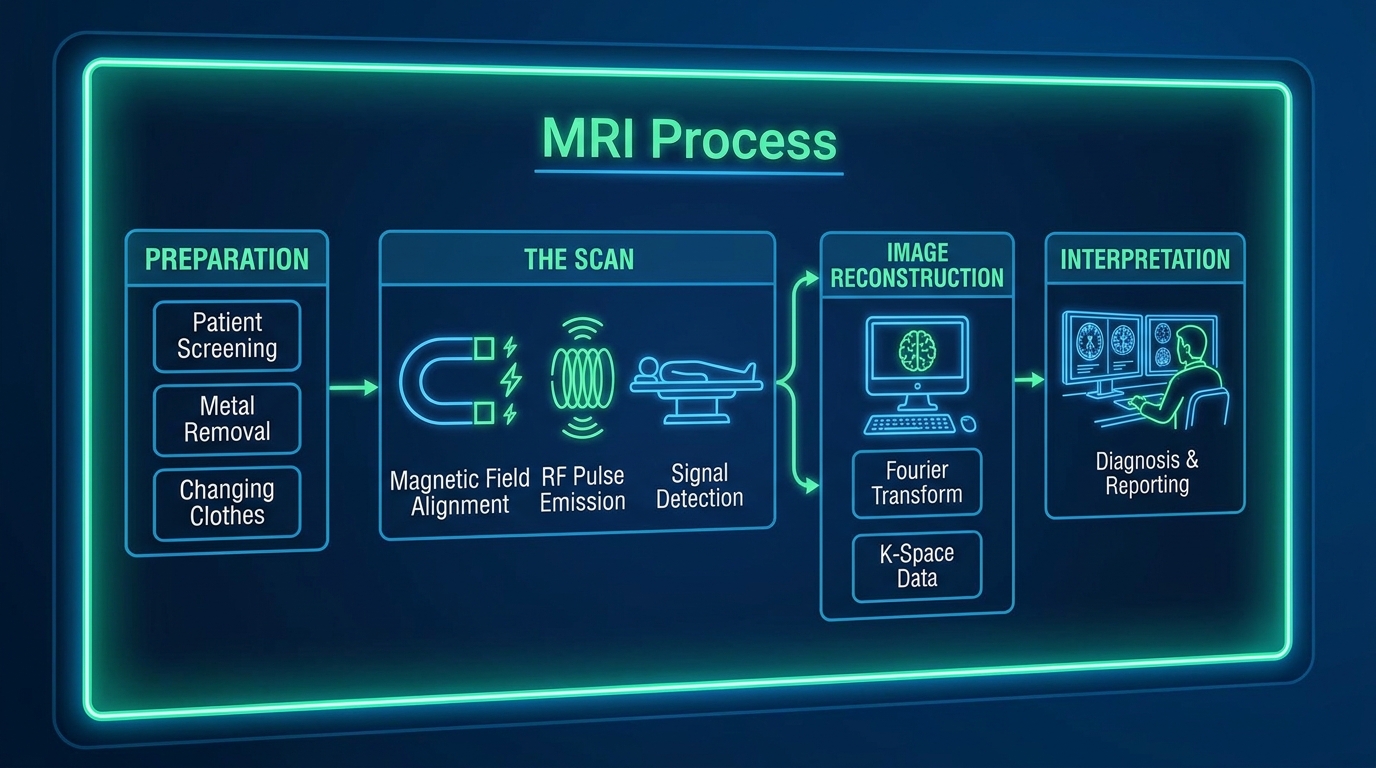 ** Flowchart showing how an MRI with contrast identifies optic nerve inflammation and brain lesions
