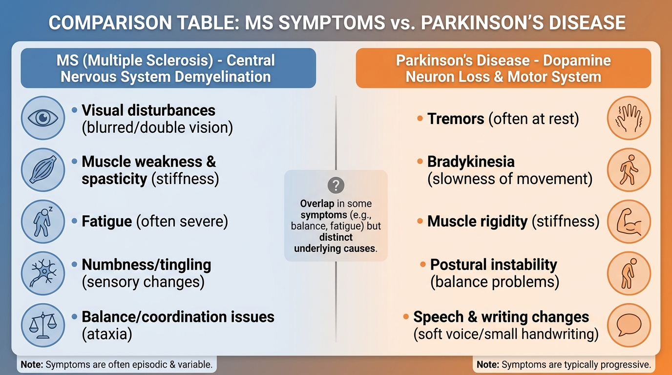 ** Comparison table showing multiple sclerosis symptoms versus Parkinson's