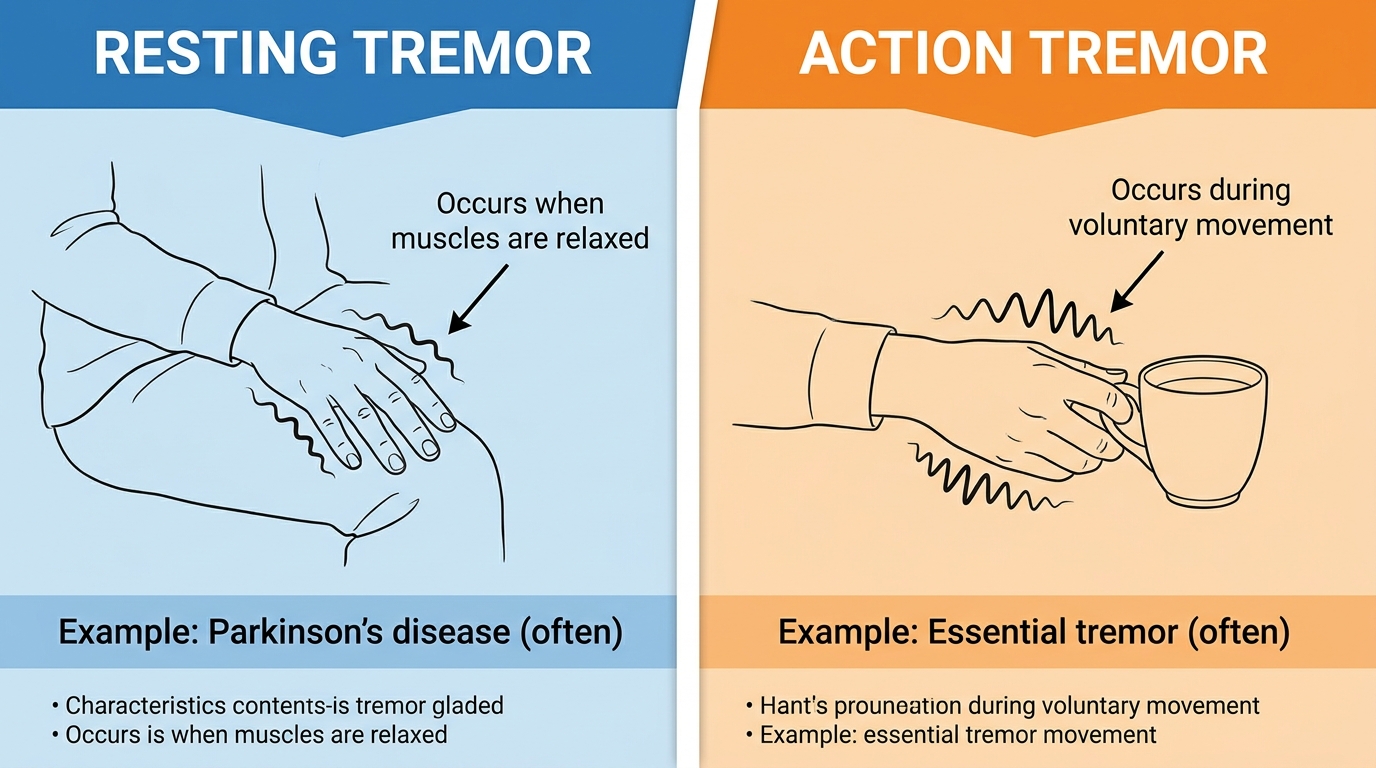** Side-by-side clinical diagram comparing resting tremor phenotype in Parkinson's disease versus action tremor in essential tremor versus parkinsonian tremor