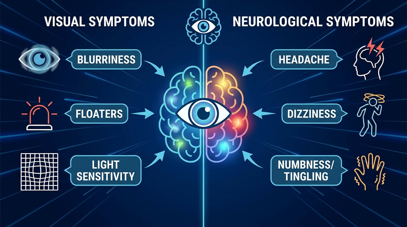 ** Infographic comparing isolated visual symptoms of optic neuritis with systemic neurological symptoms of MS