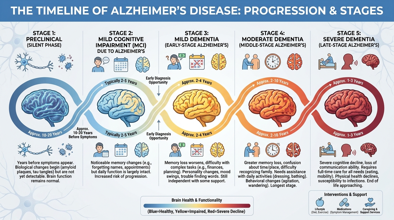 ** Timeline showing the stages of Alzheimer's disease progression from early symptoms to severe decline