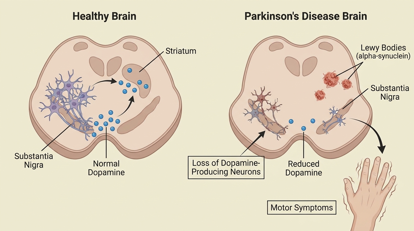 ** Diagram showing dopamine neuron loss