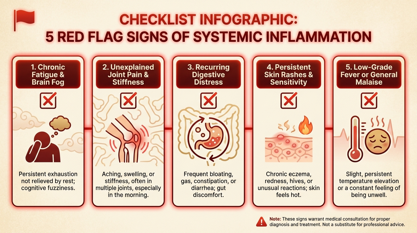 ** Infographic checklist of nerve symptoms vs joint pain showing the 5 signs your body has inflammation including heat