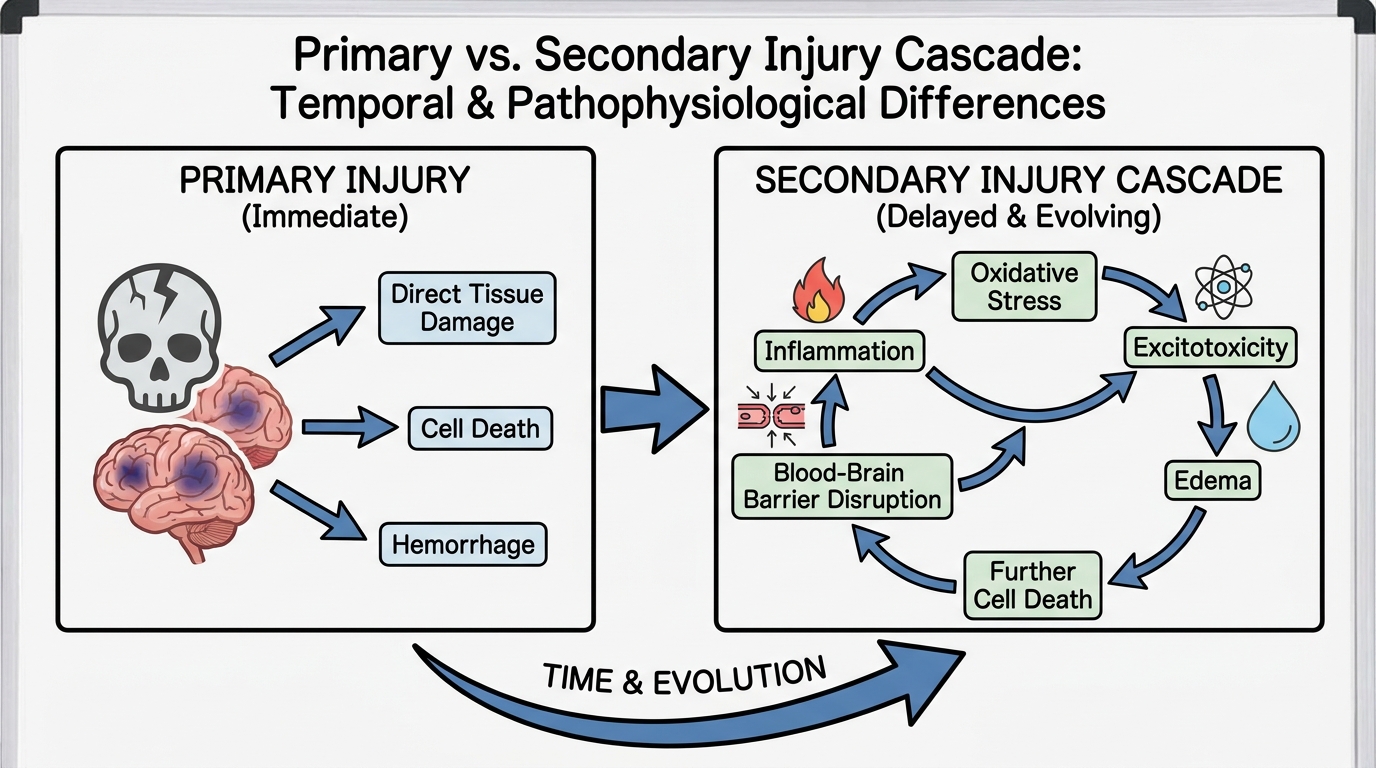 ** Infographic showing the timeline of primary mechanical trauma leading to secondary ischemic spinal cord injury