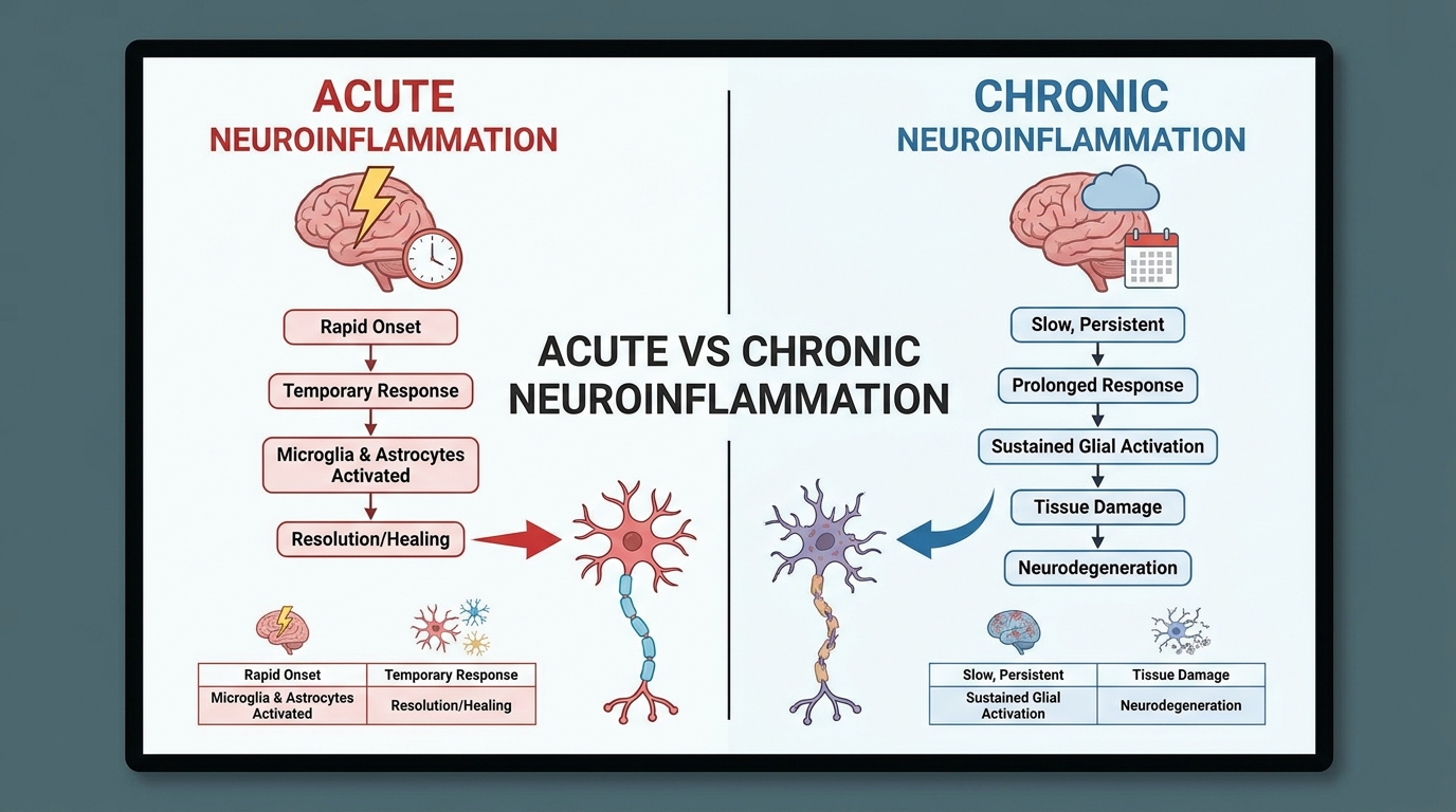 ** Diagram comparing acute protective neuroinflammation to chronic destructive neuroinflammation
