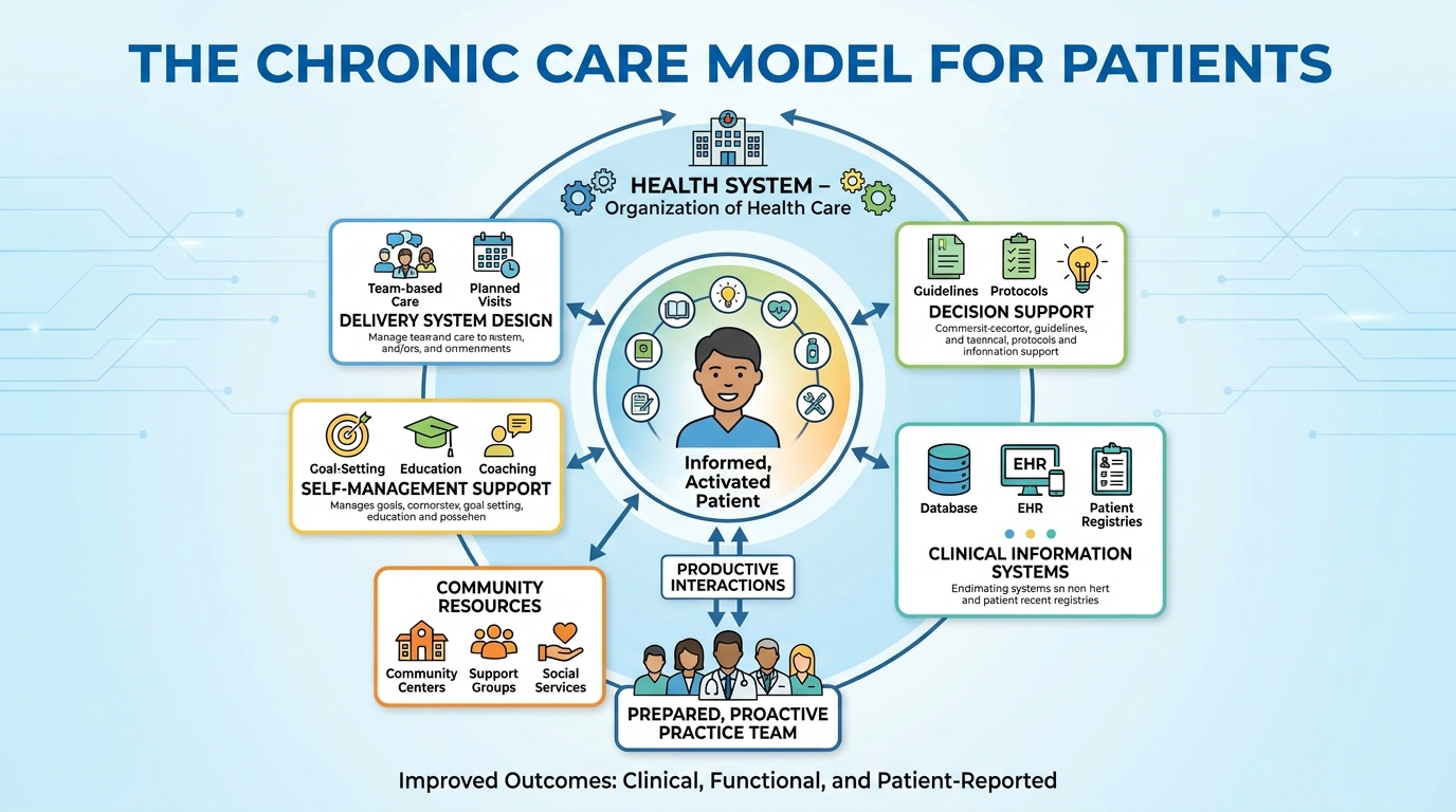 ** Diagram showing the six pillars of the Chronic Care Model focusing on patient self-management