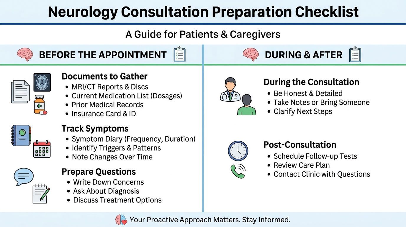 ** Visual checklist of medical records and documents to bring to a neurology appointment