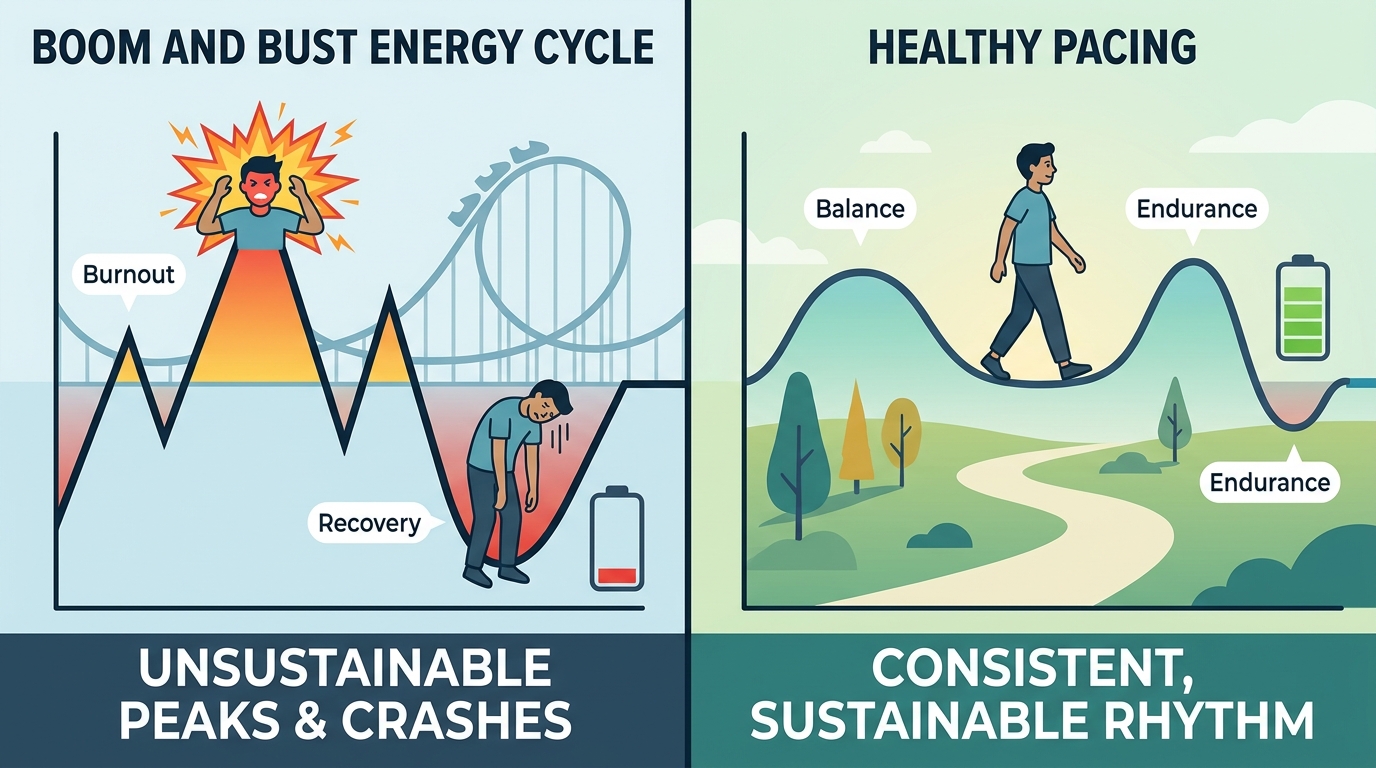 ** Chart comparing the erratic boom and bust cycle of overexertion to a stable energy pacing strategy