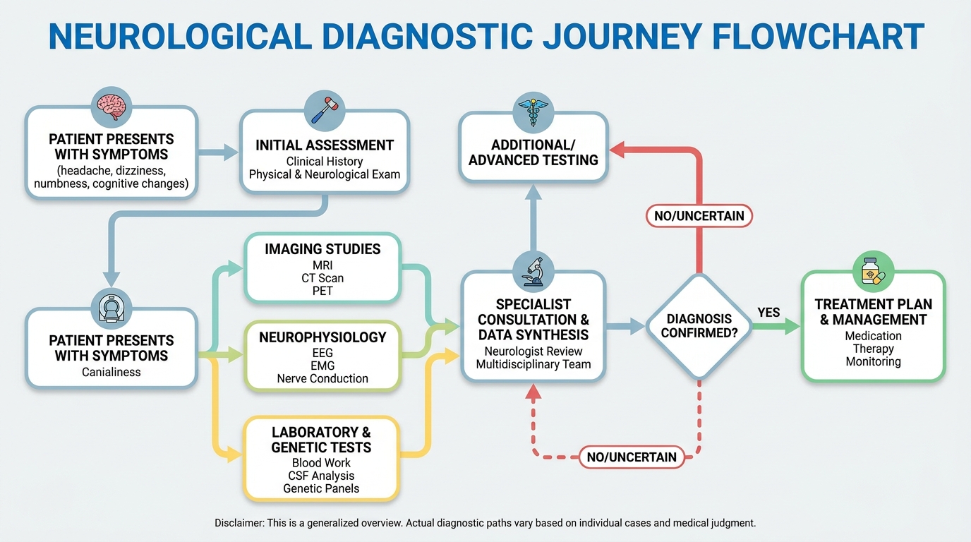 ** Flowchart showing the diagnostic journey from symptoms through blood tests