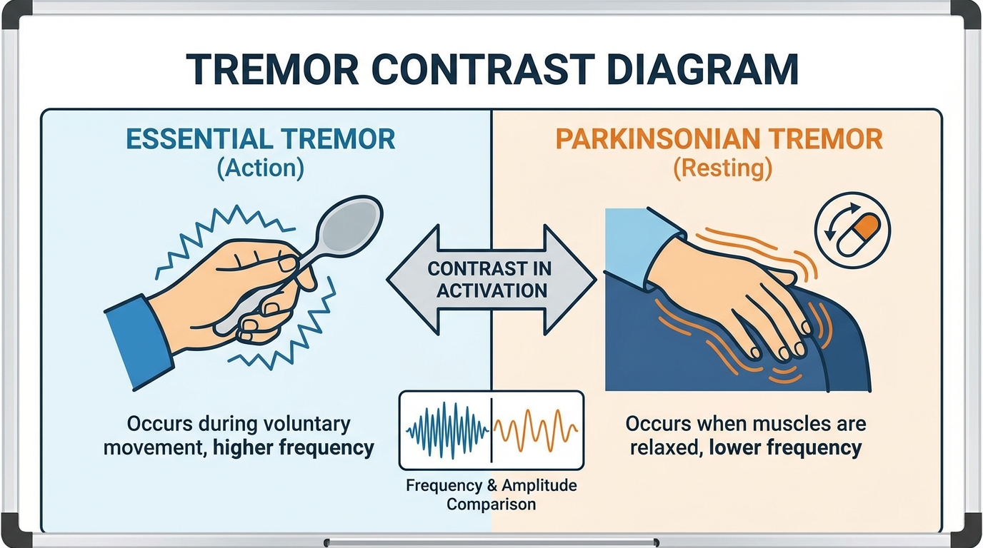 ** Diagram comparing resting tremor in Parkinson's versus action tremor in Essential Tremor