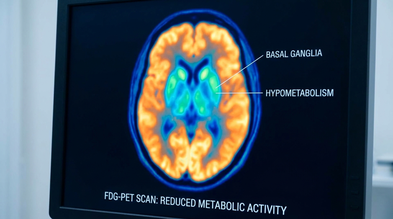** Brain scan diagram showing basal ganglia energy deficits in neurological fatigue