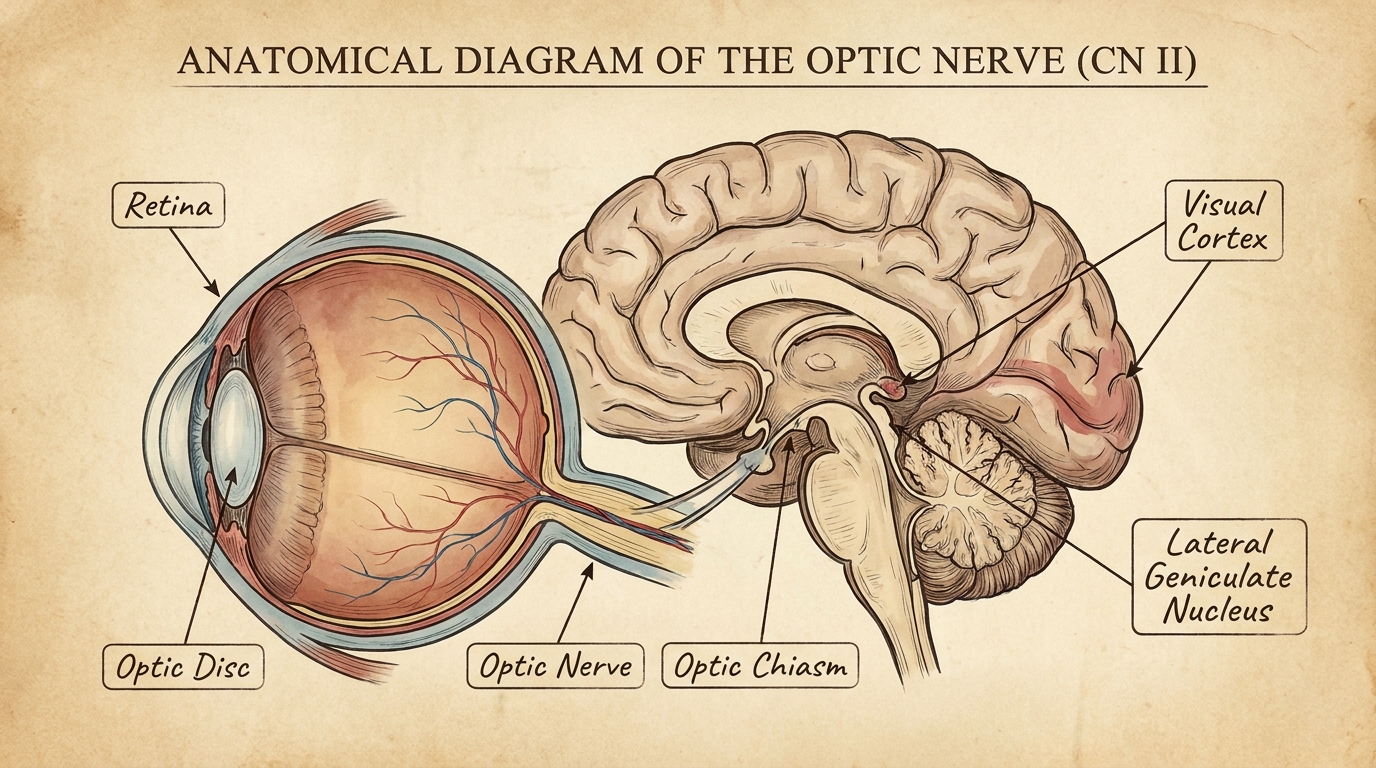 ** Diagram showing the optic nerve connecting the eye to the brain with the myelin sheath labeled