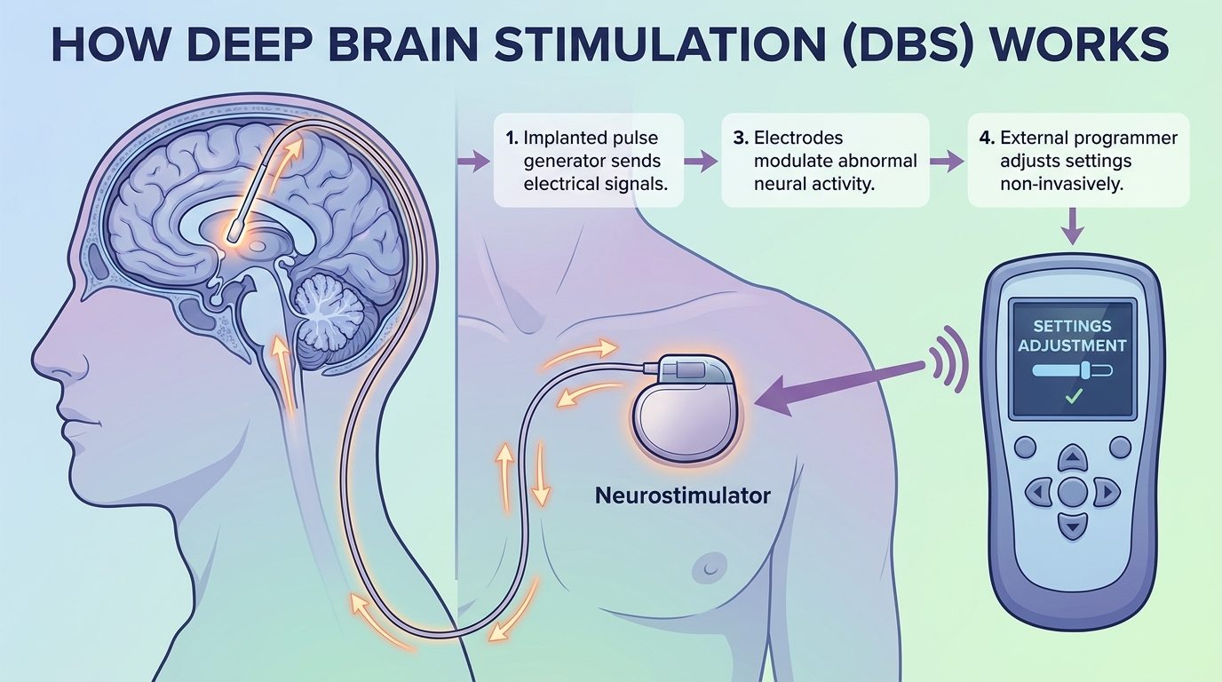 ** Diagram showing Deep Brain Stimulation electrodes and pacemaker for Parkinson's disease