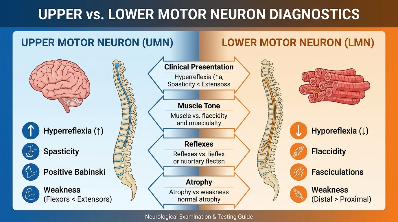** Diagram showing upper and lower motor neuron pathways and weakness symptoms