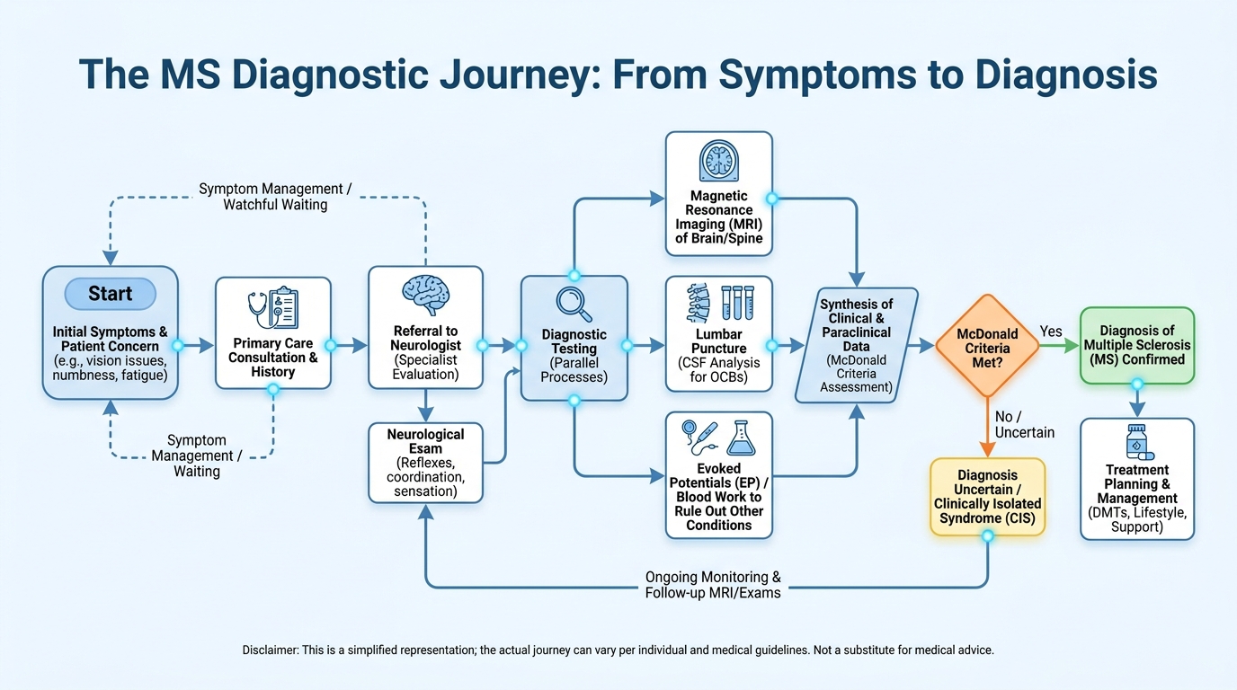 ** Process flowchart illustrating the MS diagnostic journey from primary care to neuroimmunologist and MRI