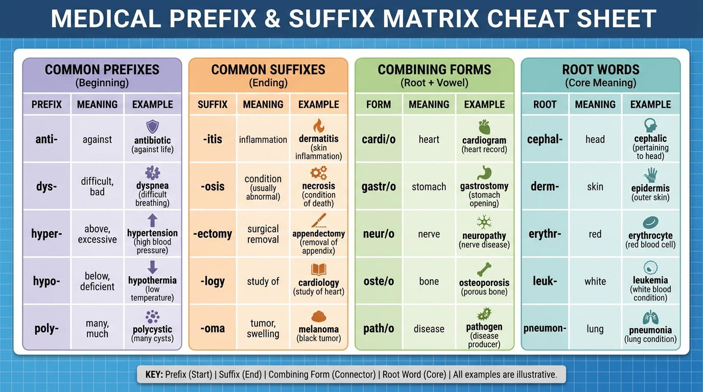 ** Clinical cheat sheet infographic displaying neurological prefixes and suffixes with origins