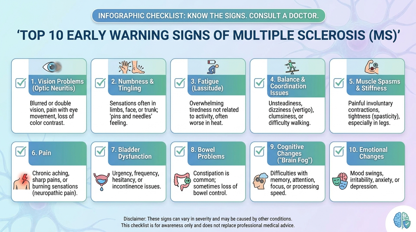 ** Infographic checklist detailing the top 10 early warning signs of multiple sclerosis including fatigue and numbness