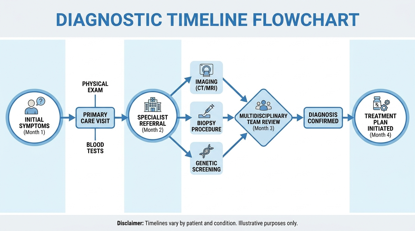 ** Flowchart showing how doctors map complex medical timelines chronologically to identify symptom causation patterns