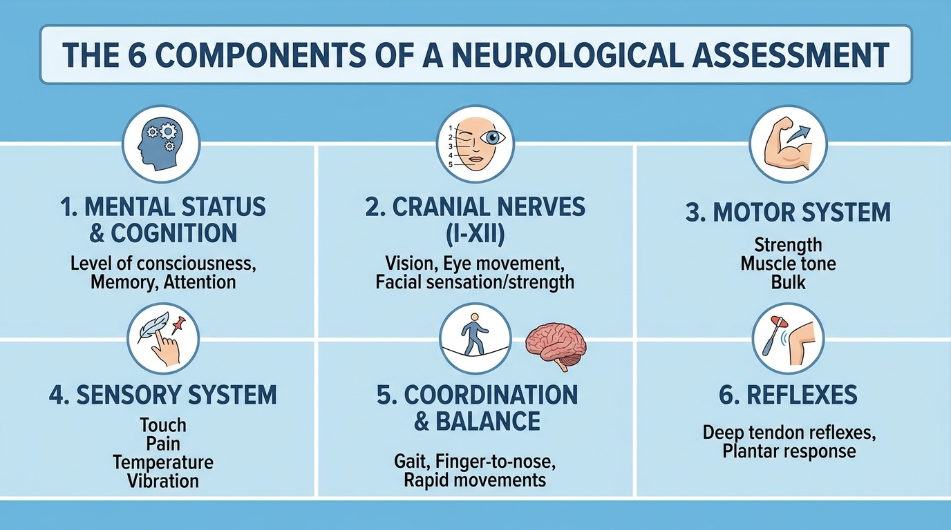 ** Diagram showing the six components of a standard neurological assessment in a circular layout — mental status