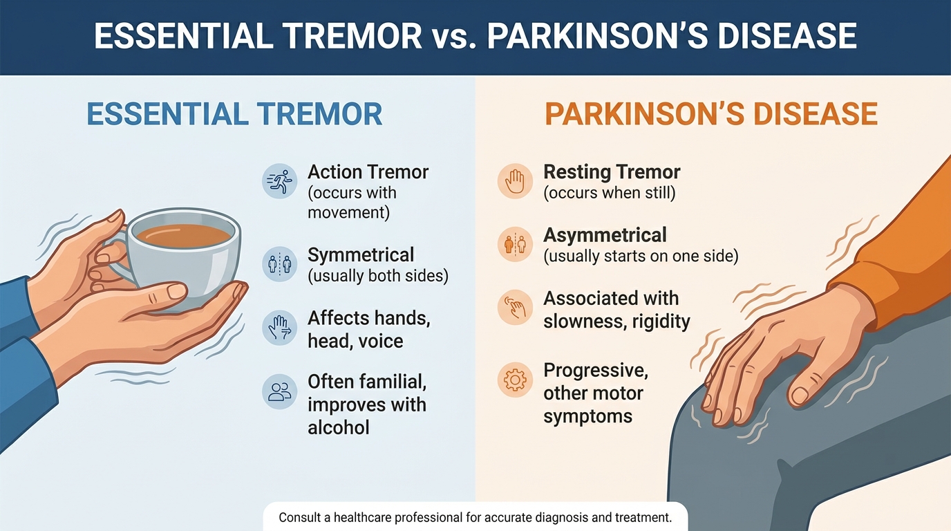 ** Side-by-side comparison of essential tremor versus parkinson's disease symptoms