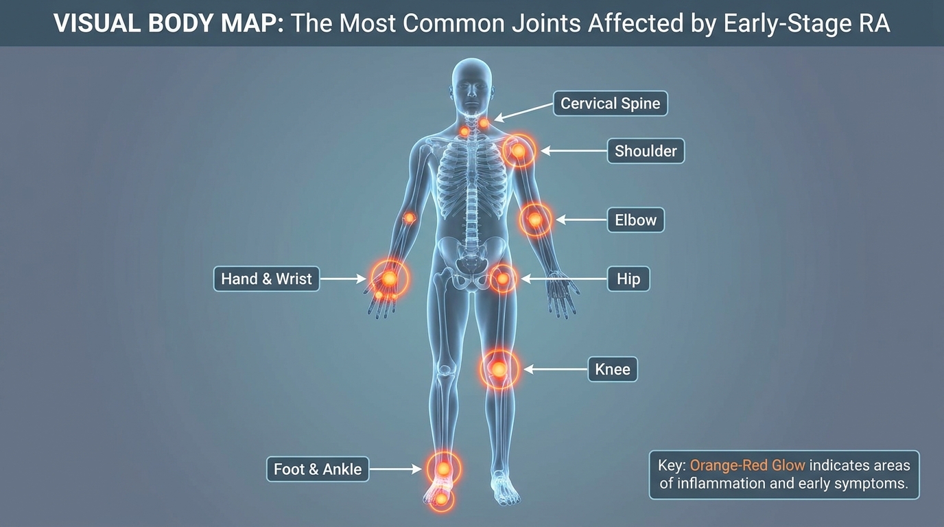 ** Anatomical front-and-back body diagram highlighting bilateral joint involvement in stage 1 early rheumatoid arthritis