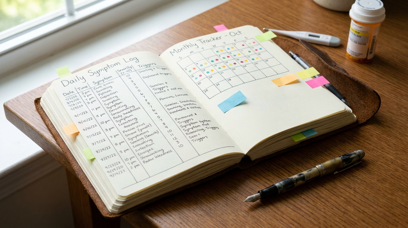 ** Step-by-step visual showing a symptom journal layout with date
