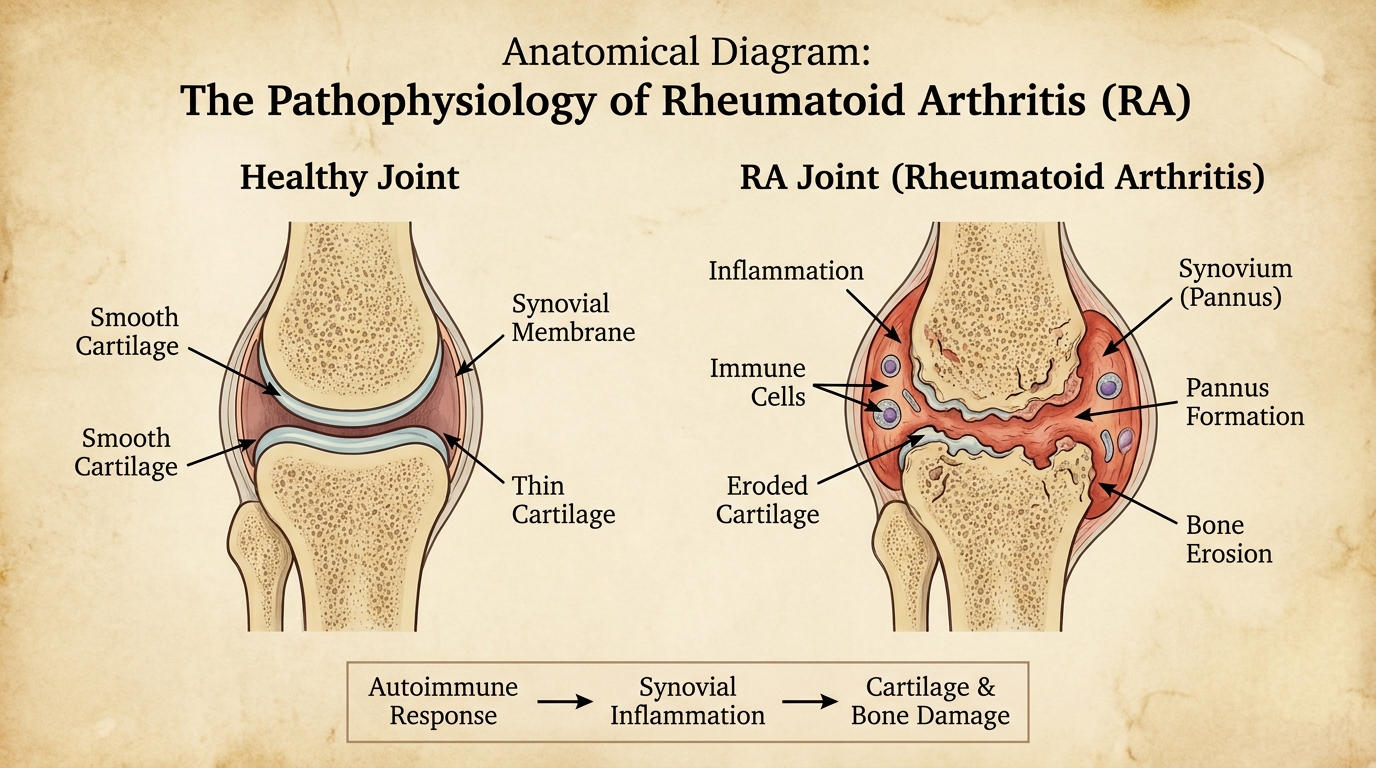 ** Healthy joint vs a joint with inflamed synovium and bone erosion in rheumatoid arthritis