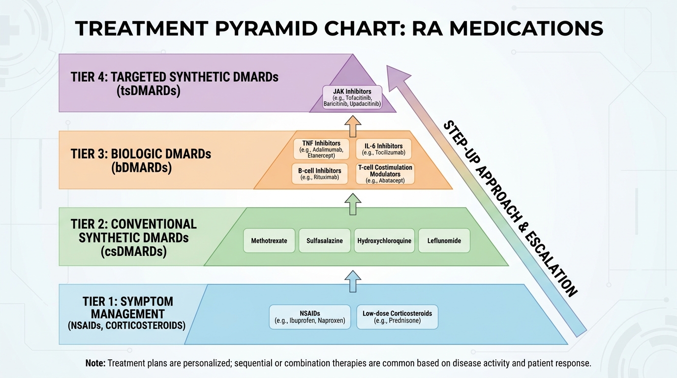 ** RA treatment pyramid from NSAIDs bridge to cDMARDs and Biologics