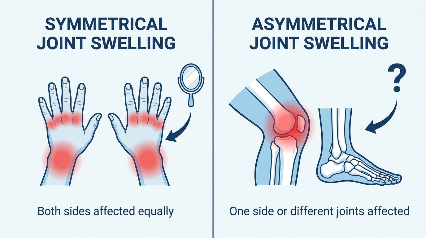 ** Infographic showing symmetrical rheumatoid arthritis finger swelling compared to asymmetrical osteoarthritis