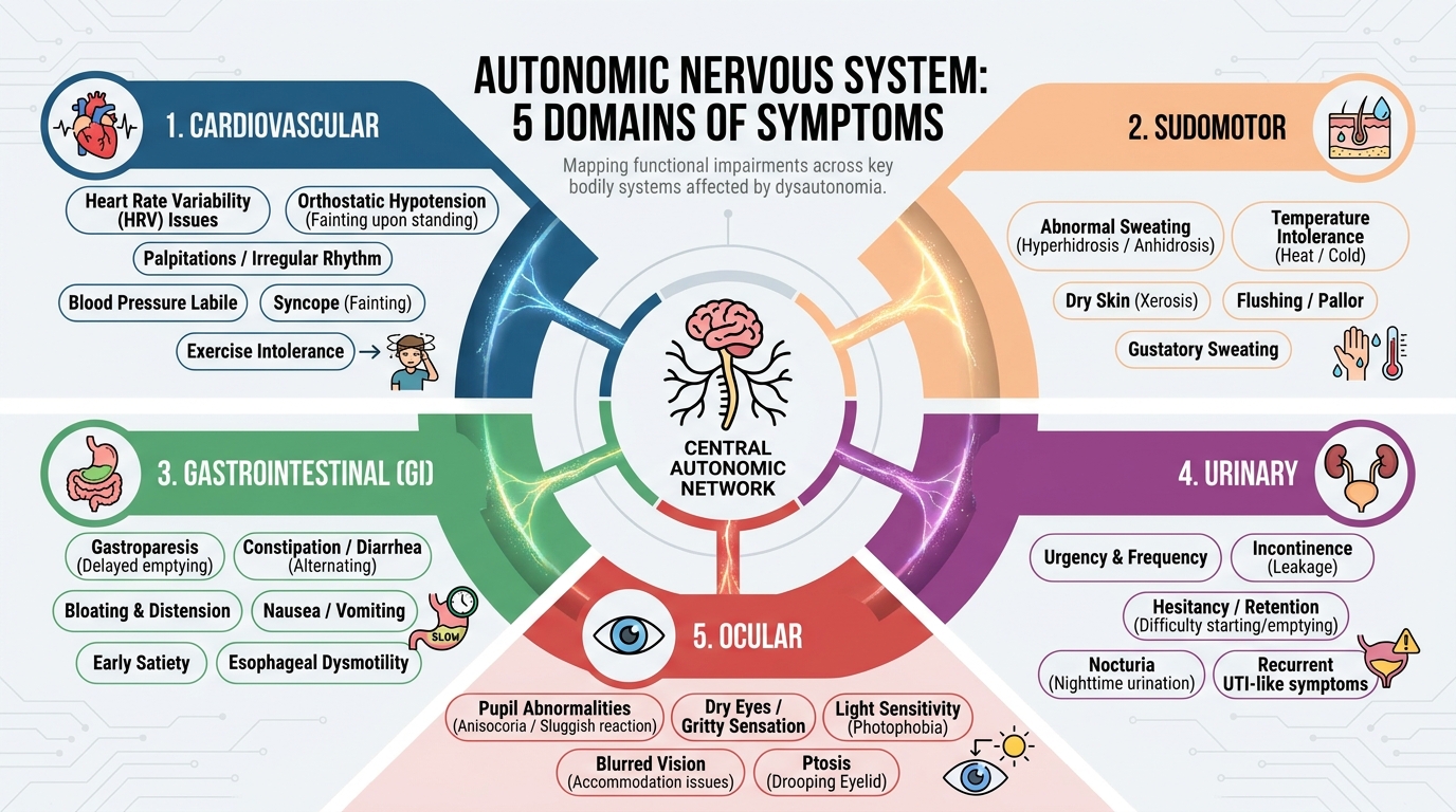 ** Multi-System Autonomic Mapping Framework illustrating autonomic neuropathy symptoms across five organ domains