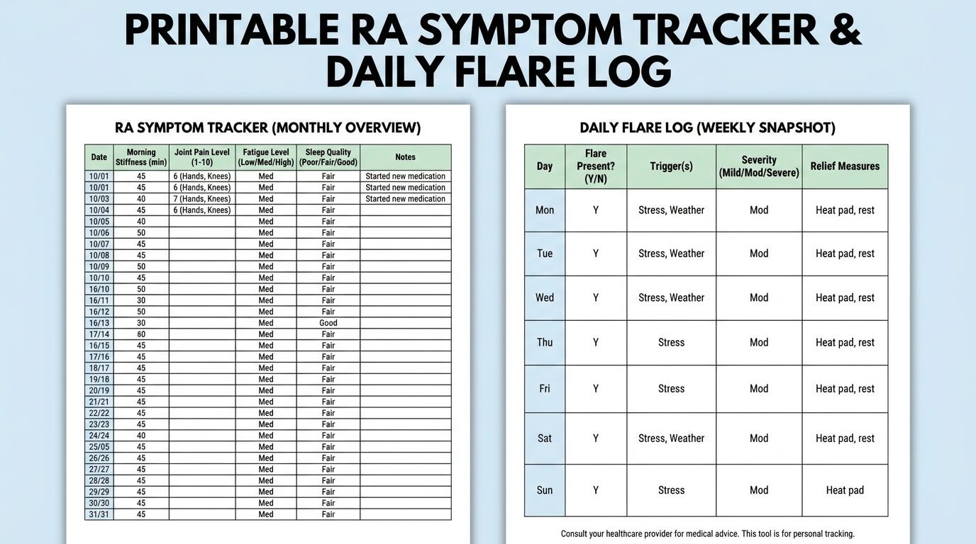 ** Printable PDF-style daily log template showing baseline columns