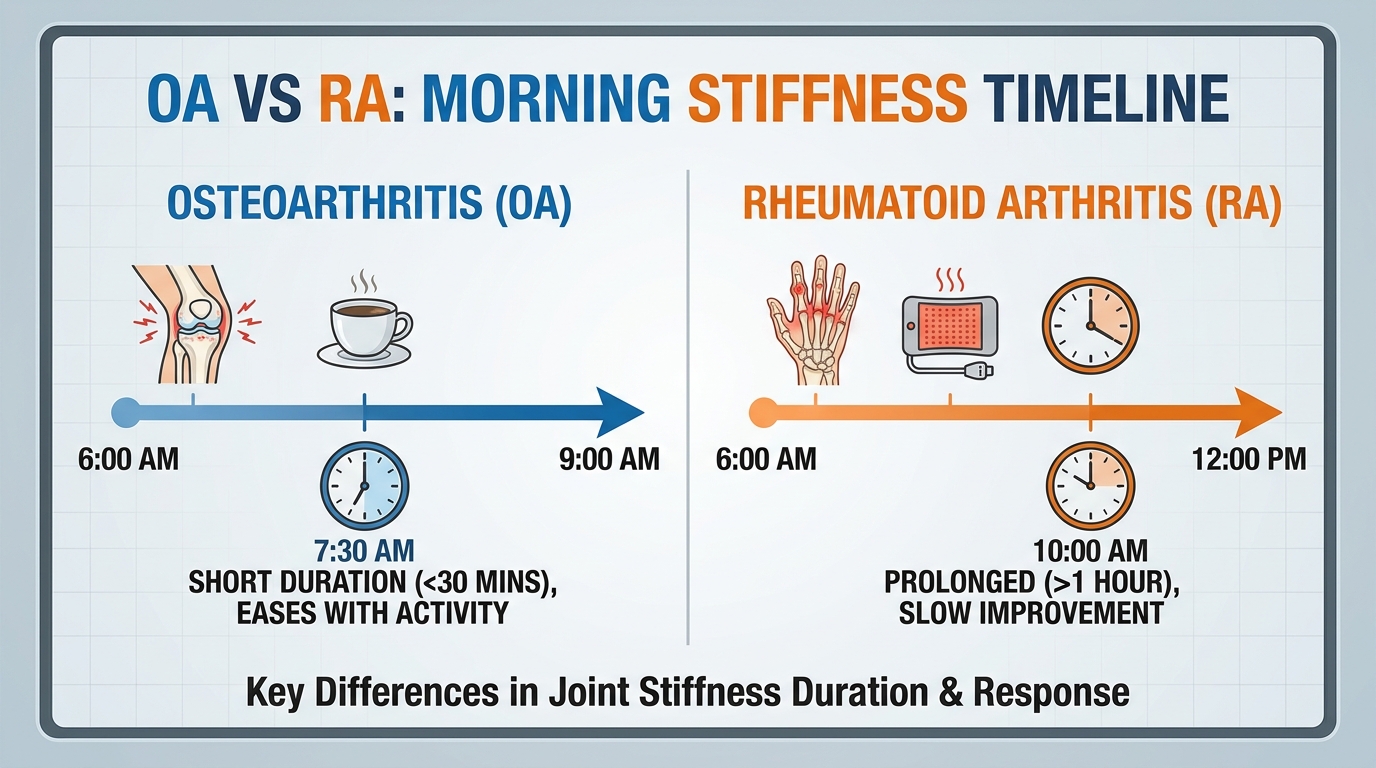 ** Infographic comparing osteoarthritis morning stiffness resolving in under 30 minutes versus rheumatoid arthritis stiffness persisting beyond 60 minutes